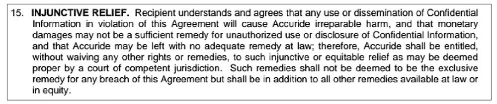 Screenshot of a Injunctive Relief clause in NDAs