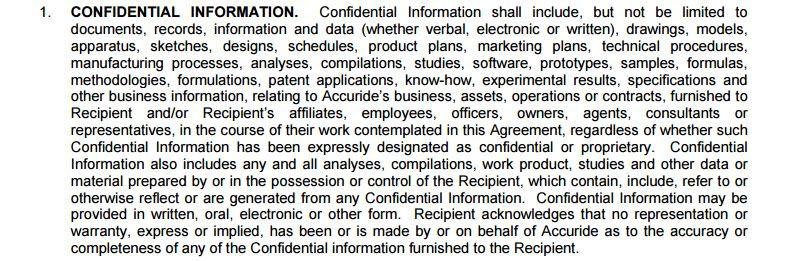 Definition of confidential information from agreement of Accuride