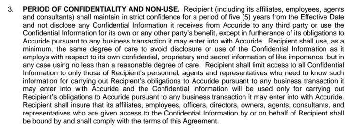 The Period of Confidentiality and Non-use clause in Accuride agreement