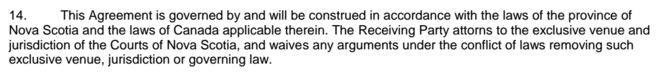 The clauses of Choice of Law and Jurisdiction from Canadian Association agreement