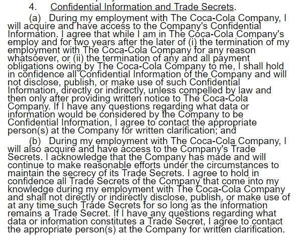 Coca-Cola confidentiality agreement has a different period for its trade secrets