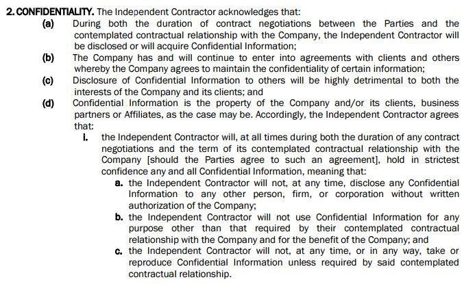 The Confidentiality clause in ABWCCI agreement for contractors