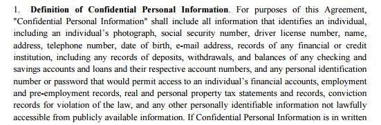 Definition of Confidential Personal Information in an example agreement