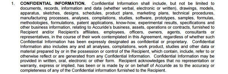 The clause that defines what confidential information is in Accuride Corp agreement