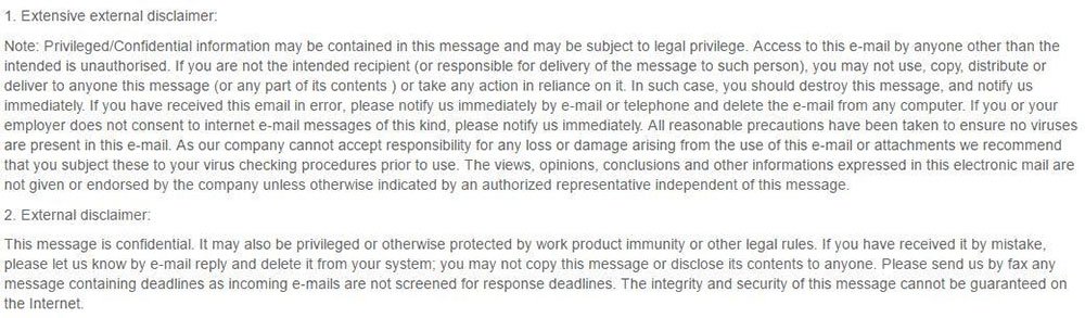 Example of Extensive and External disclaimers for email