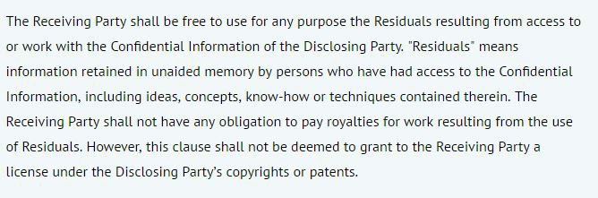 Example of a Residual Clause in a NDA Agreement