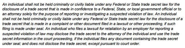 Latham & Watkins: Example of Immunity clause under DTSA for NDA agreements