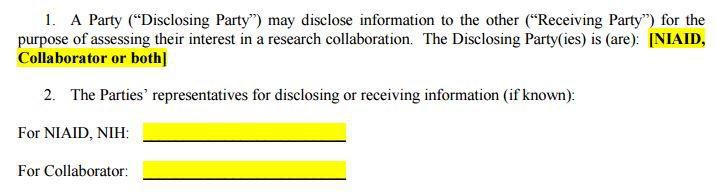 Listing the Disclosing and Receiving Party in NDA of National Institute of Allergy