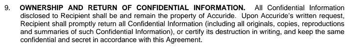 Ownership and Return of Confidential Information clause in agreement from Accuride Corp