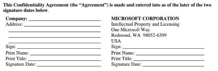 The Signature section of Microsoft NDA agreement on licensing