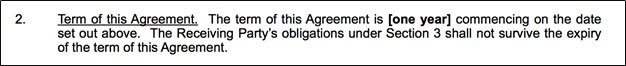 The Term of Agreement clause in NDA agreement