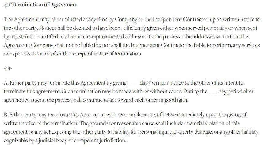 Termination clause from JUX Independent Contractor Agreement