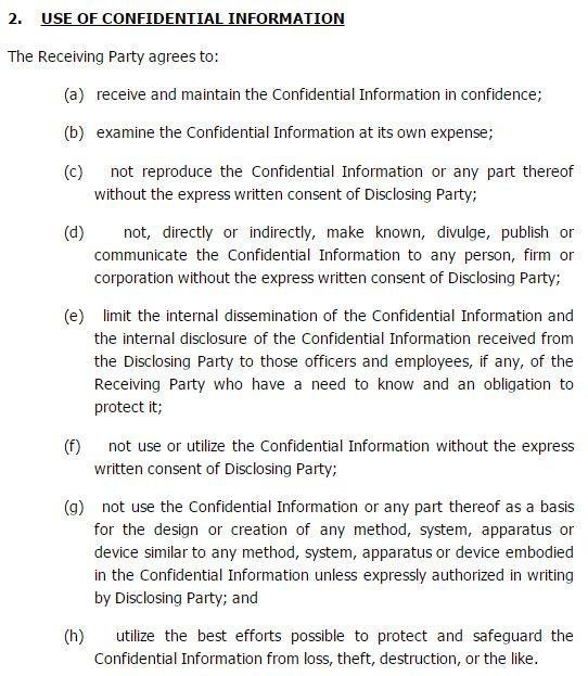 FreePatentForms: Clause of Use of Confidential Information in agreement