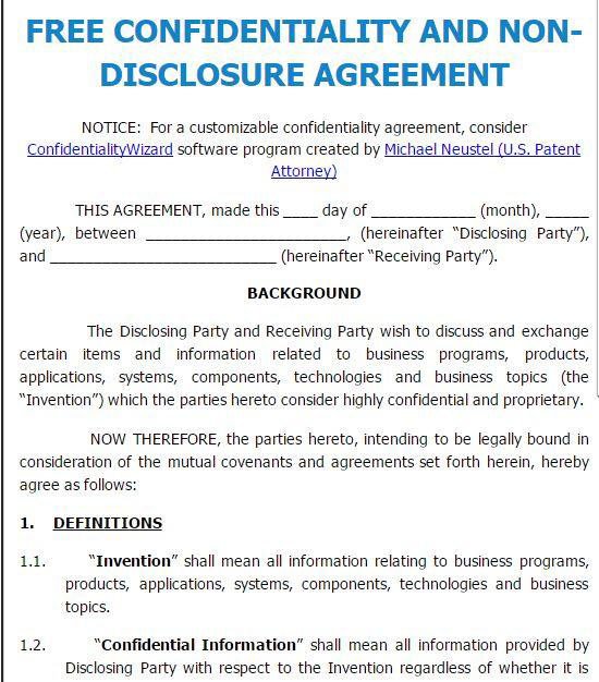 freepatentforms example non disclosure agreement