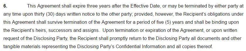 Example of Termination in 30 days, 5 yrs obligation clause in Mutual NDA