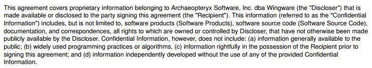 NDA agreement from Wingware: Definition of Confidential Information